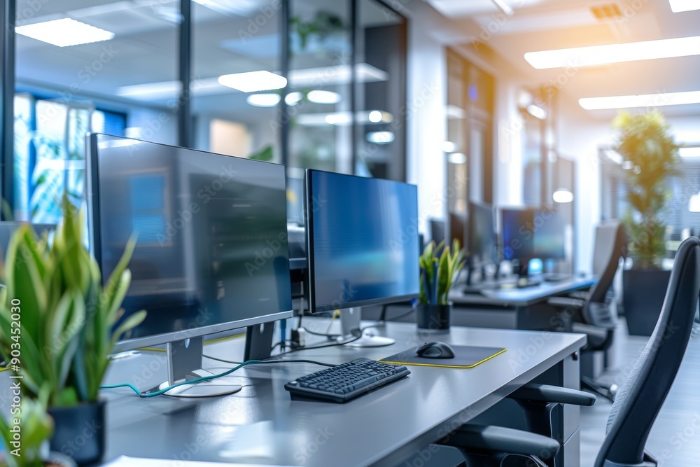 Modern Office Workspace with Two Monitors and Keyboard