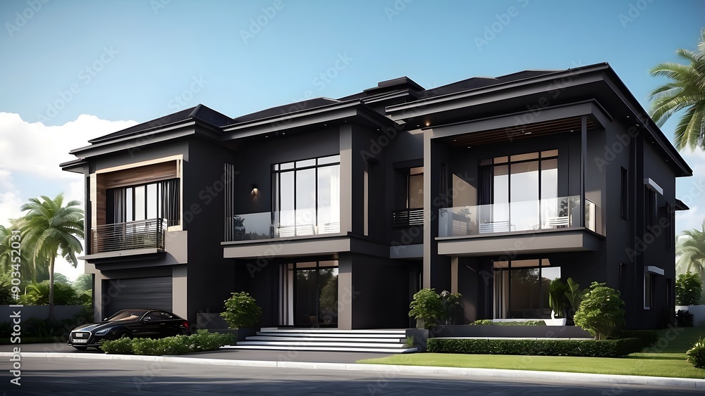 Fototapeta premium Big Mansion house exterior design, car parking space with a lawn, front elevation architecture design, full black theme, real estate, bright sunny day 