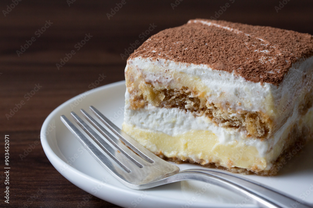 Closeup Slice Tiramisu Coffee and Cream Layered Dessert Closeup Slice Tiramisu Coffee and Cream Layered Dessert