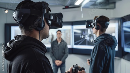 Two individuals using VR headsets in a modern tech environment, engaging in an immersive virtual experience with advanced technology.