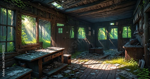 woodland old abandoned house cabin interior in the woodland woods on a sunny summer day. overgrown wooden home with sunlight coming through windows in the forest.