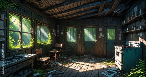 woodland old abandoned house cabin interior in the woodland woods on a sunny summer day. overgrown wooden home with sunlight coming through windows in the forest.