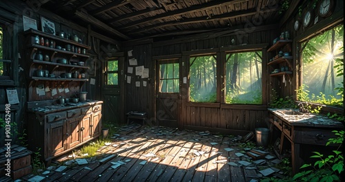 woodland old abandoned house cabin interior in the woodland woods on a sunny summer day. overgrown wooden home with sunlight coming through windows in the forest.