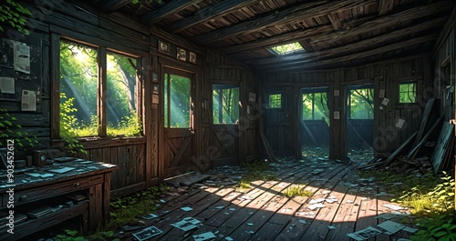 woodland old abandoned house cabin interior in the woodland woods on a sunny summer day. overgrown wooden home with sunlight coming through windows in the forest.