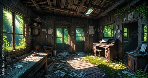 woodland old abandoned house cabin interior in the woodland woods on a sunny summer day. overgrown wooden home with sunlight coming through windows in the forest.