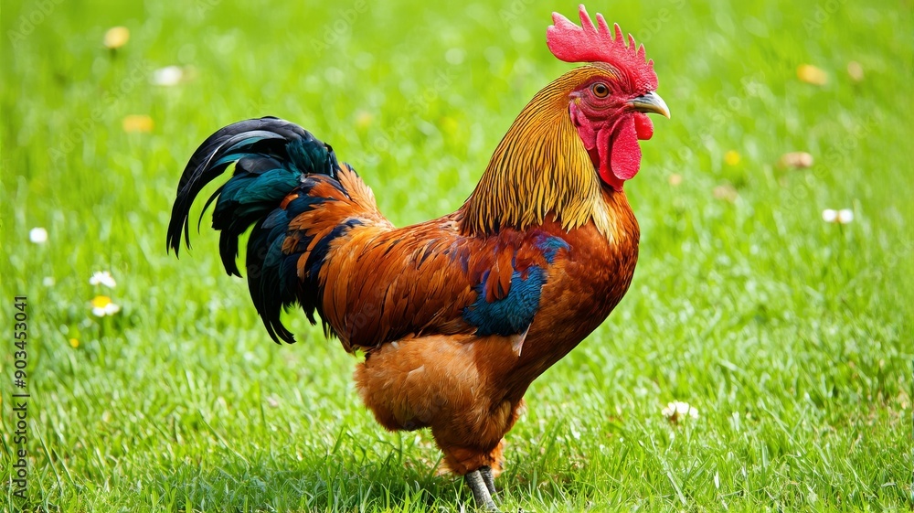 Fototapeta premium Vibrant Rooster on Green Grass - Colorful Farm Animal Photograph