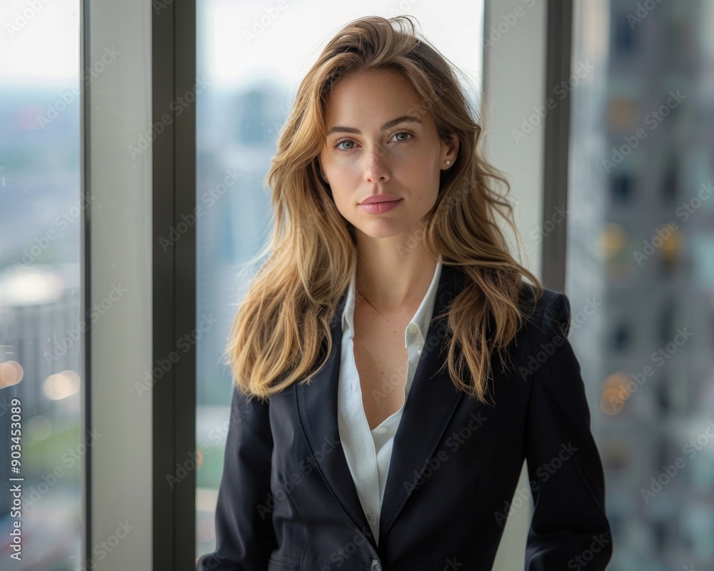 Ambitious Businesswoman in Sharp Suit Stands by City View Window, Exuding Aspiration and Determination Ambitious Businesswoman in Sharp Suit Stands by City View Window, Exuding Aspiration and Determination