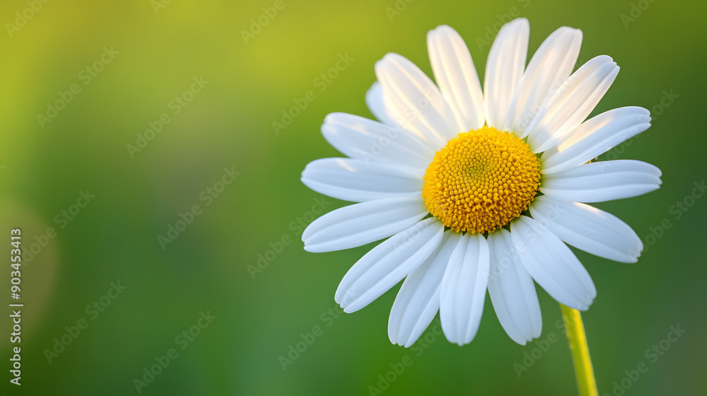 Obraz premium A macro shot of a daisy, focusing on the intricate details of the white petals and yellow center, with a soft green background