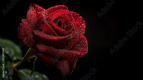 A single red rose with dew drops clinging to its velvety petals, set against a black background for a dramatic effect 