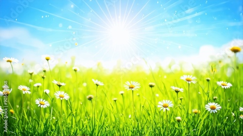 Vibrant Summer Meadow with Daisies Under Bright Sunlight Illustration - Perfect for Nature and Seasonal Projects