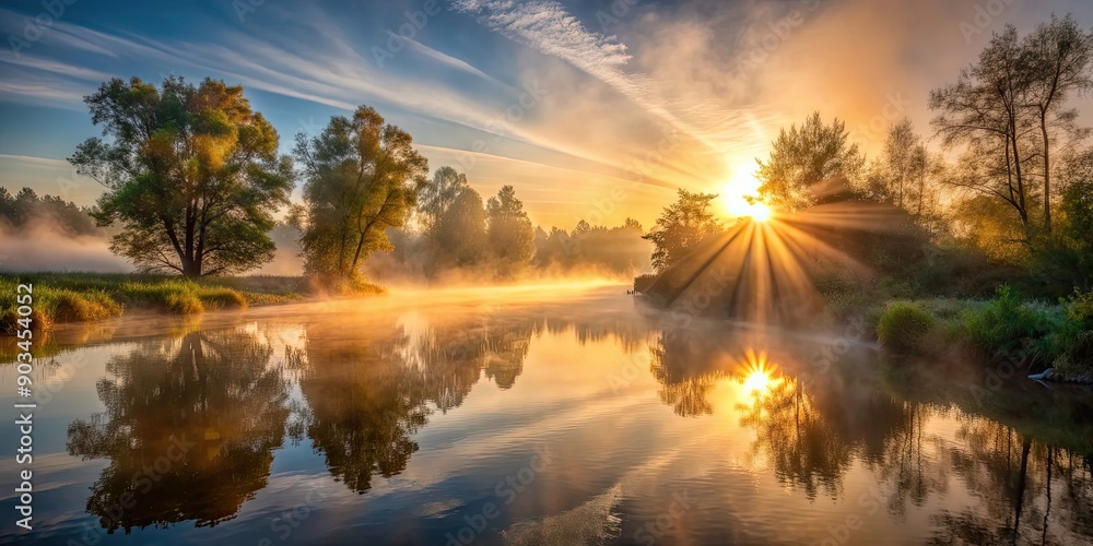 Obraz premium Misty sunrise over a river with sun rays diffusing through trees, Misty, sunrise, river, sun rays, trees, nature, serene