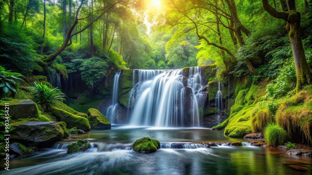 Obraz premium Serene waterfall flowing in lush forest setting, waterfall, nature, forest, trees, tranquil, serene, stream, beautiful