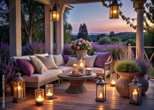 Softly lit veranda at dusk, adorned with lavender bouquets, candles, and lanterns, featuring plush furniture, inviting relaxation and tranquility in a serene outdoor setting.