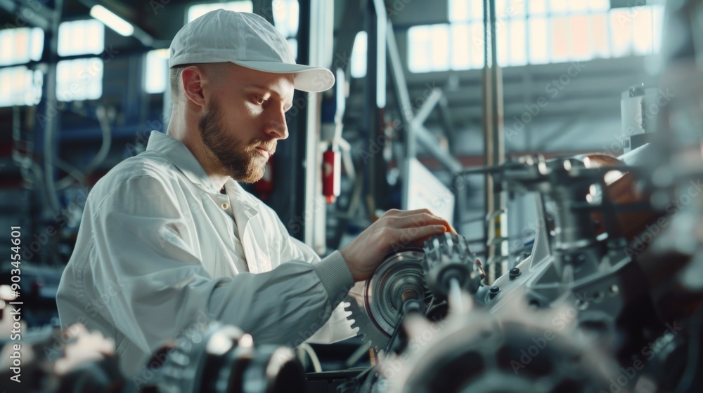 A male worker in a factory setting, focused on assembling machinery components, demonstrating precision and attention to detail in an industrial environment. A male worker in a factory setting, focused on assembling machinery components, demonstrating precision and attention to detail in an industrial environment.