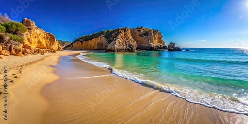 Beautiful sandy beach on the coast of Cascais with clear blue water and rocky cliffs in the background, Guincho Beach, Cascais