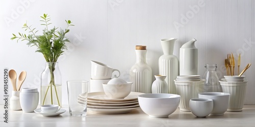 Wallpaper Mural A pristine white background showcases a neat array of empty vases, cups, and utensils, awaiting creative arrangement, in a perfectly organized still life setup. Torontodigital.ca