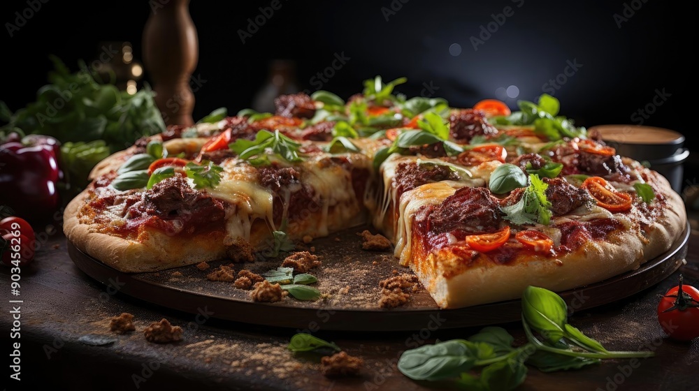 full pizza with vegetables and meat on wooden table with blur background full pizza with vegetables and meat on wooden table with blur background