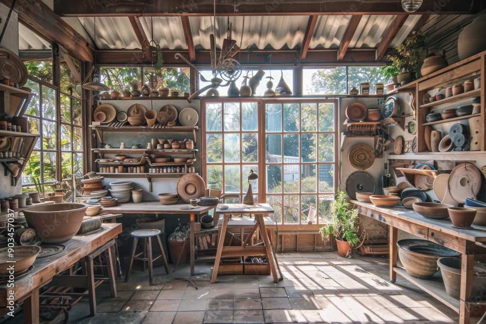 Fototapeta premium A Sunlit Pottery Workshop Filled with Earthenware
