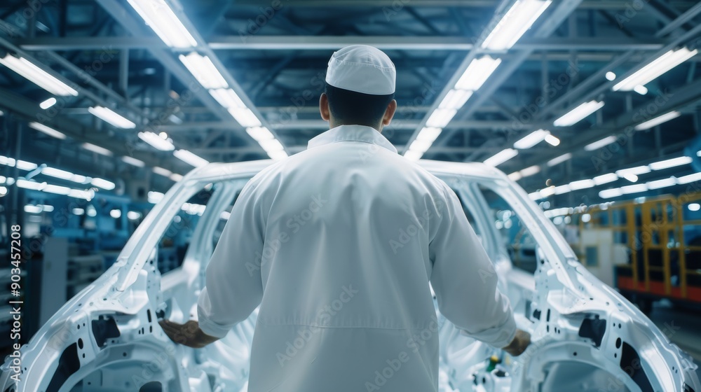 A technician examines the assembly of a vehicle frame in a brightly lit, organized car manufacturing facility, ensuring quality control. A technician examines the assembly of a vehicle frame in a brightly lit, organized car manufacturing facility, ensuring quality control.