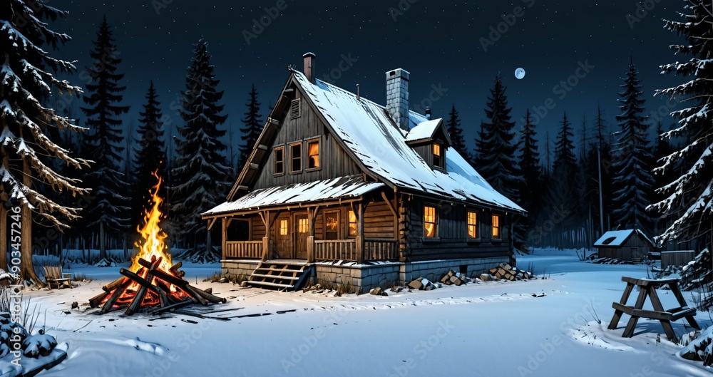 wooden cabin lodge home with bonfire firepit fire in the woodland forest mountains wilderness during night surrounded by pine trees and snow isolation. wood cottage in snowy winter. wooden cabin lodge home with bonfire firepit fire in the woodland forest mountains wilderness during night surrounded by pine trees and snow isolation. wood cottage in snowy winter.