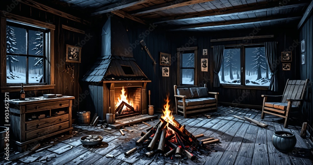 Fototapeta premium interior of abandoned ransacked cabin lodge in the mountains woods wilderness at night. old wood home in the wild dark arctic tundra.