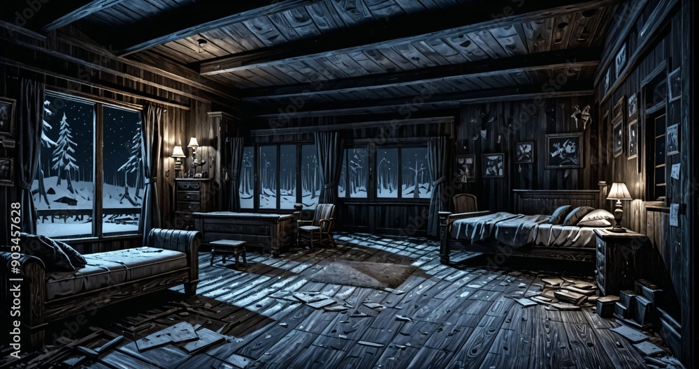 interior of abandoned ransacked cabin lodge in the mountains woods wilderness at night. old wood home in the wild dark arctic tundra. interior of abandoned ransacked cabin lodge in the mountains woods wilderness at night. old wood home in the wild dark arctic tundra.