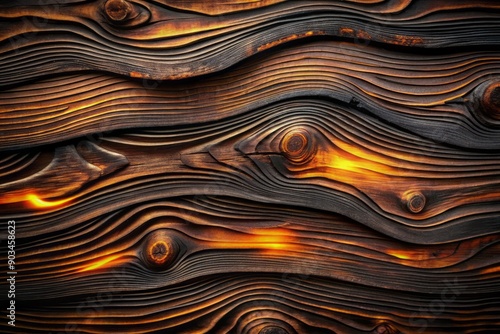 Dark, wavy, charred wood texture forms a mysterious abstract background, evoking feelings of intensity and depth, with subtle hints of smoldering embers.
