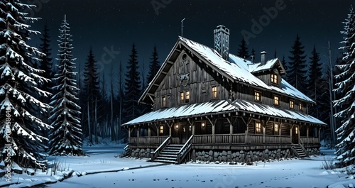 wooden cabin lodge home in the woodland forest mountains wilderness during night surrounded by pine trees and snow isolation. wood cottage in snowy winter. photo