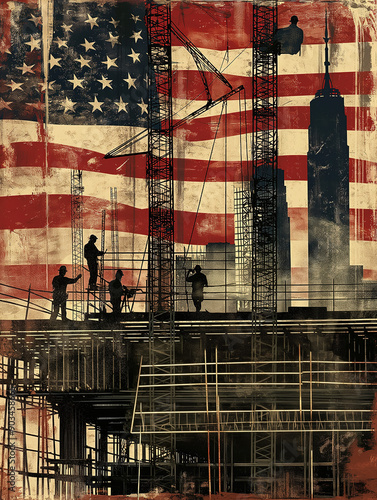 The image features a graphic representation of a construction site overlaid with a large American flag in the background. Silhouetted figures of workers can be seen on scaffolding and girders, with cr