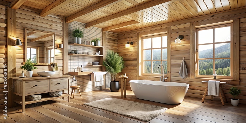 Cozy Scandinavian-inspired bathroom in a wooden chalet, Scandinavian, cozy, wooden, chalet, bathroom, interior, design Cozy Scandinavian-inspired bathroom in a wooden chalet, Scandinavian, cozy, wooden, chalet, bathroom, interior, design