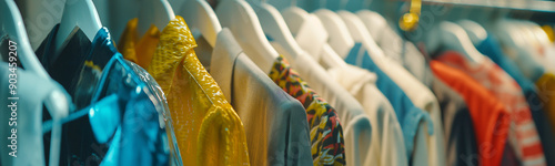 Dry Cleaning with a Variety of Clothing Hanging. Concept Dry cleaning, professional service, clothing care, fabric care, garment maintenance 
