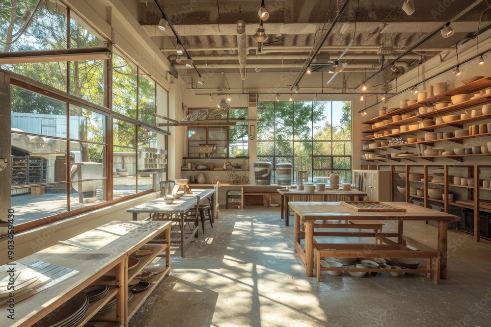 A Pottery Studio with Sunlight Streaming Through Large Windows A Pottery Studio with Sunlight Streaming Through Large Windows