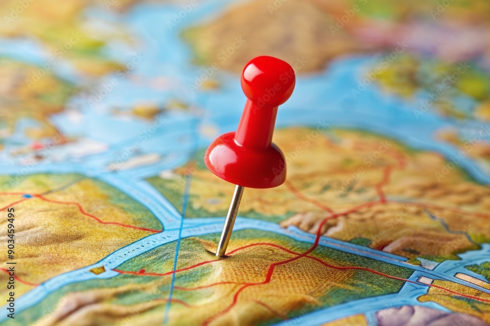 A small, brightly colored red pin rests securely on a creased, worn map, precisely marking a specific geographic location with importance and significance. A small, brightly colored red pin rests securely on a creased, worn map, precisely marking a specific geographic location with importance and significance.