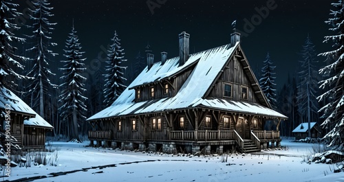 wooden cabin lodge home in the woodland forest mountains wilderness during night surrounded by pine trees and snow isolation. wood cottage in snowy winter. photo