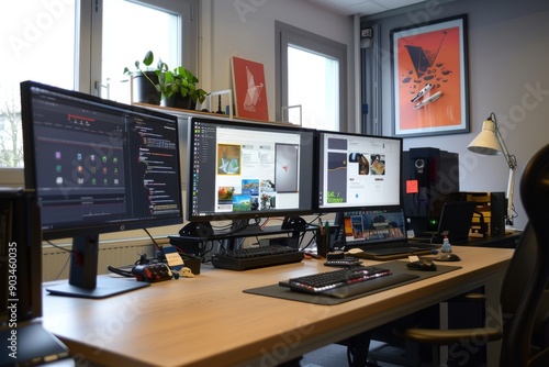 Modern Workspace with Multiple Monitors and Desk Setup