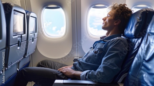 Passenger Enjoying Sky View, Relaxing in Airplane, In-Flight Comfort

