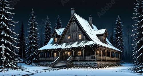 wooden cabin lodge home in the woodland forest mountains wilderness during night surrounded by pine trees and snow isolation. wood cottage in snowy winter. photo