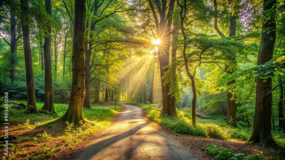 Fototapeta premium Sunlight filtering through the trees onto a path in a peaceful woodland setting, Sunlight, path, woods, nature