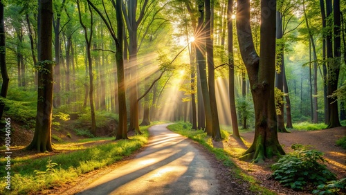Fototapeta Naklejka Na Ścianę i Meble -  Sunlight filtering through trees onto a winding path in the woodlands , forest, nature, sunlight, trees, path, trail, peaceful