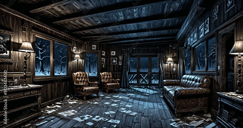 cabin house interior with view of the foggy hazy woodland forest woods in the morning. old abandoned post apocalyptic hallway living room corridor inside wood house. cabin house interior with view of the foggy hazy woodland forest woods in the morning. old abandoned post apocalyptic hallway living room corridor inside wood house.