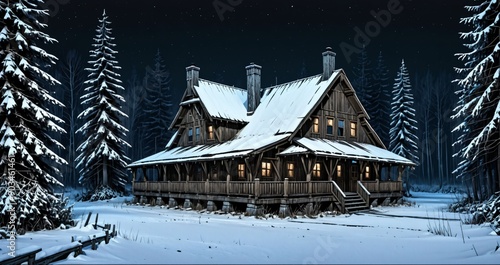 wooden cabin lodge home in the woodland forest mountains wilderness during night surrounded by pine trees and snow isolation. wood cottage in snowy winter. photo