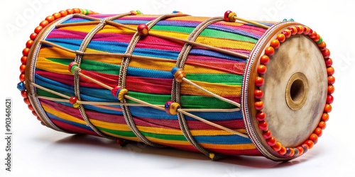 Vibrant traditional Indian dholak drum with colorful stripes and ornate designs, perfect for Lohri celebrations, folk music, and cultural heritage representations. photo