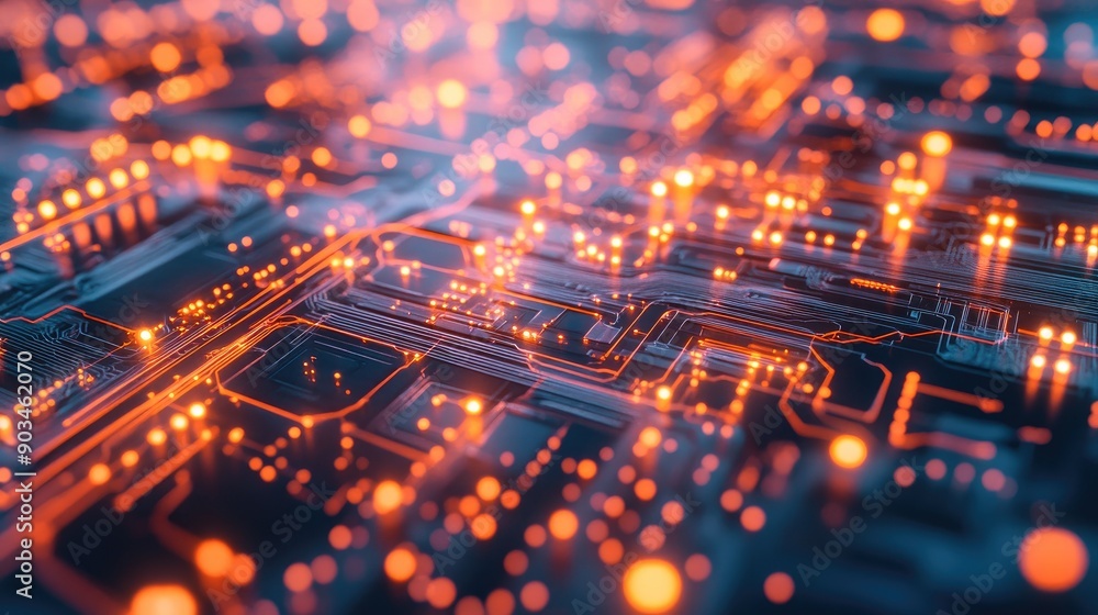 Close-up of a glowing circuit board with orange lights, illustrating modern technology and electronic components. Close-up of a glowing circuit board with orange lights, illustrating modern technology and electronic components.