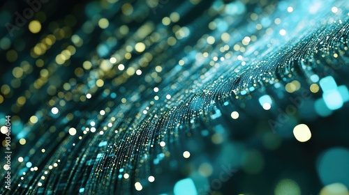 Abstract glowing particles background with teal and gold lights creating a dynamic and futuristic visual effect.