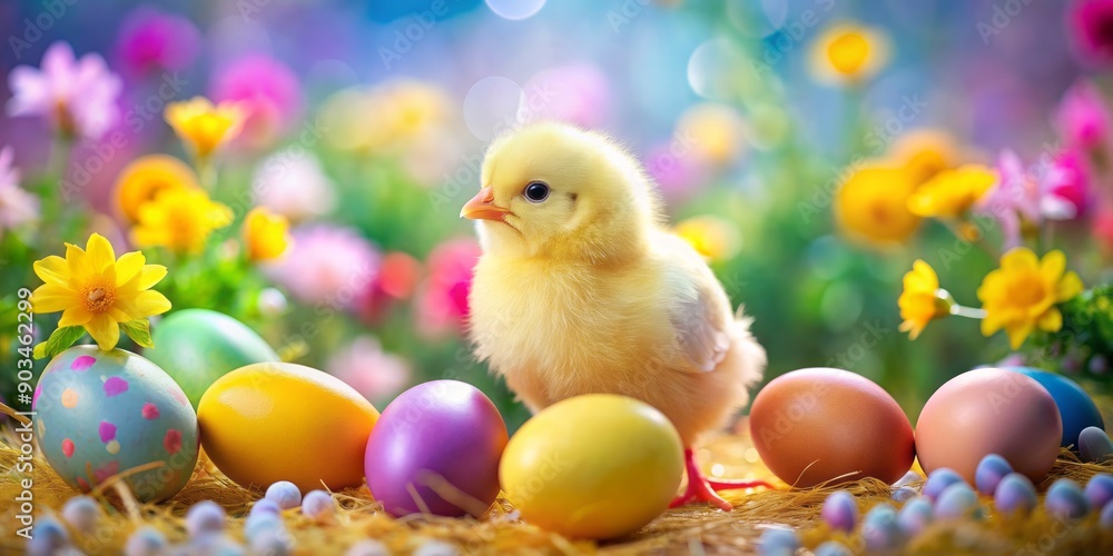 Vibrant Easter scene featuring a joyful little yellow chicken surrounded by intricately painted colorful eggs, set against a soft blurred floral backdrop, evoking springtime joy. Vibrant Easter scene featuring a joyful little yellow chicken surrounded by intricately painted colorful eggs, set against a soft blurred floral backdrop, evoking springtime joy.