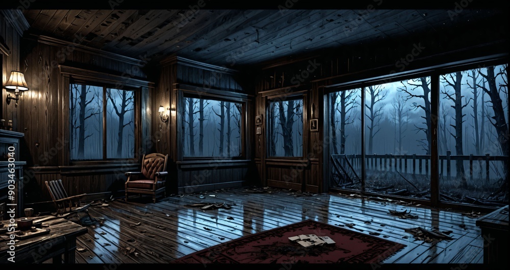 Fototapeta premium cabin house interior with view of the foggy hazy woodland forest woods in the morning. old abandoned post apocalyptic hallway living room corridor inside wood house. 