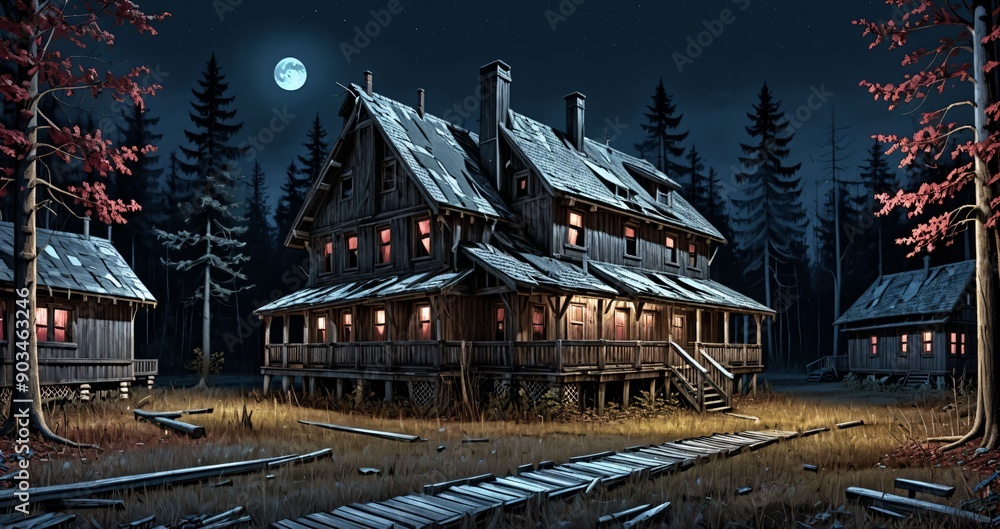 wooden log cabin lodge resort building exterior in the woods at night during autumn. abandoned town houses in the woodland forest during a red fall. wooden log cabin lodge resort building exterior in the woods at night during autumn. abandoned town houses in the woodland forest during a red fall.