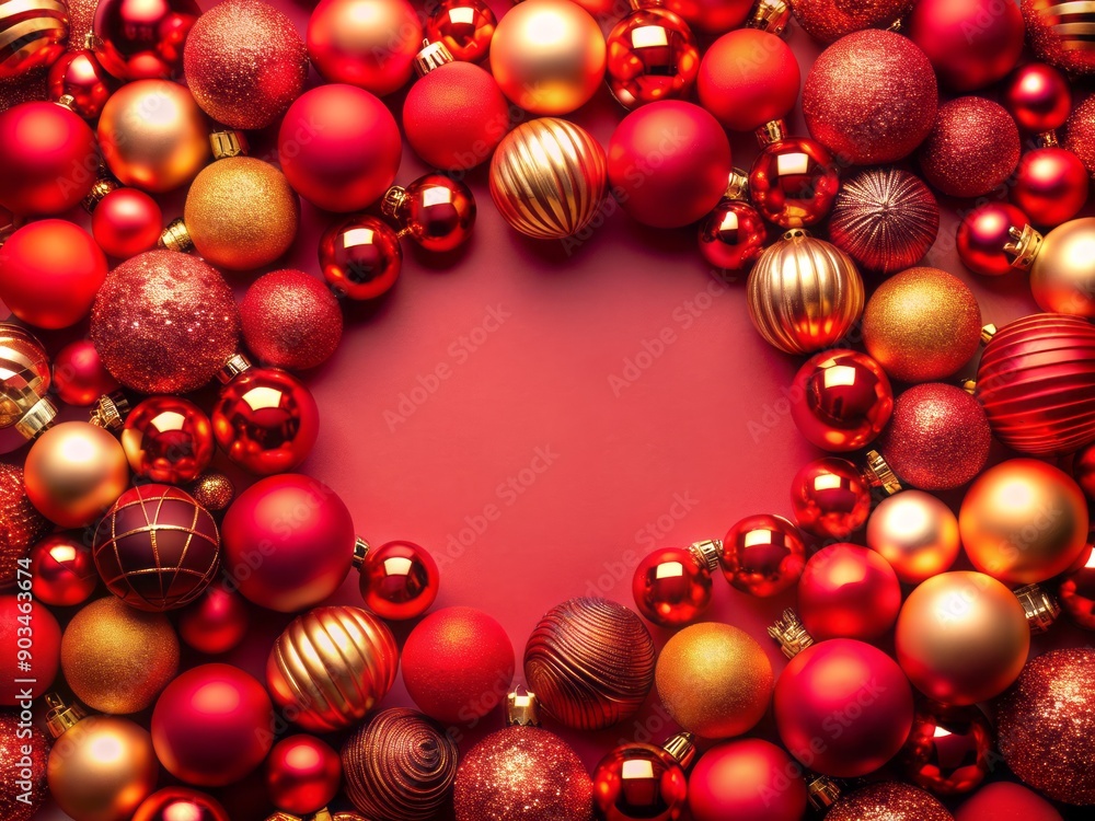 Vibrant red background adorned with intricately arranged Christmas balls, forming a festive frame, evoking warmth and joy of the holiday season. Vibrant red background adorned with intricately arranged Christmas balls, forming a festive frame, evoking warmth and joy of the holiday season.