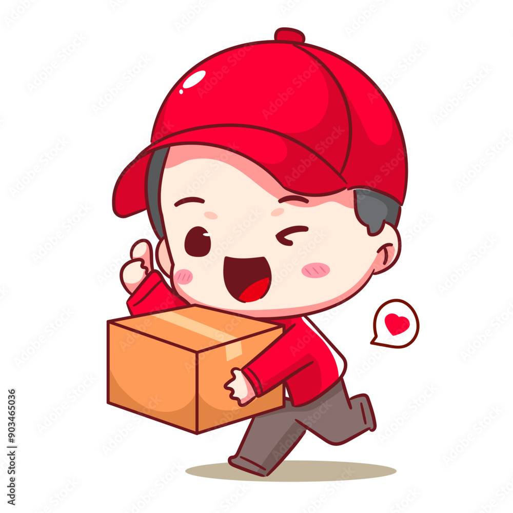 Cute Deliveryman Express Delivery Cartoon Vector. Man Courier wearing uniform and hat delivery package. People Profession concept design. Isolated white background. Cute Deliveryman Express Delivery Cartoon Vector. Man Courier wearing uniform and hat delivery package. People Profession concept design. Isolated white background.