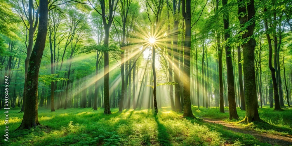 Naklejka premium Sun rays filtering through the trees in a lush green forest, sunlight, trees, nature, tranquil, serene, beautiful, scenery